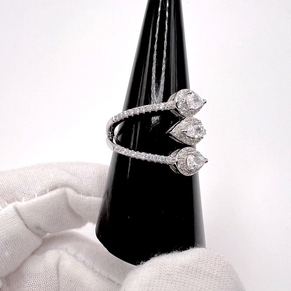 Halo Triple Pear .925 Sterling Silver Wrap Design Cz Ring - Picture 6 of 15